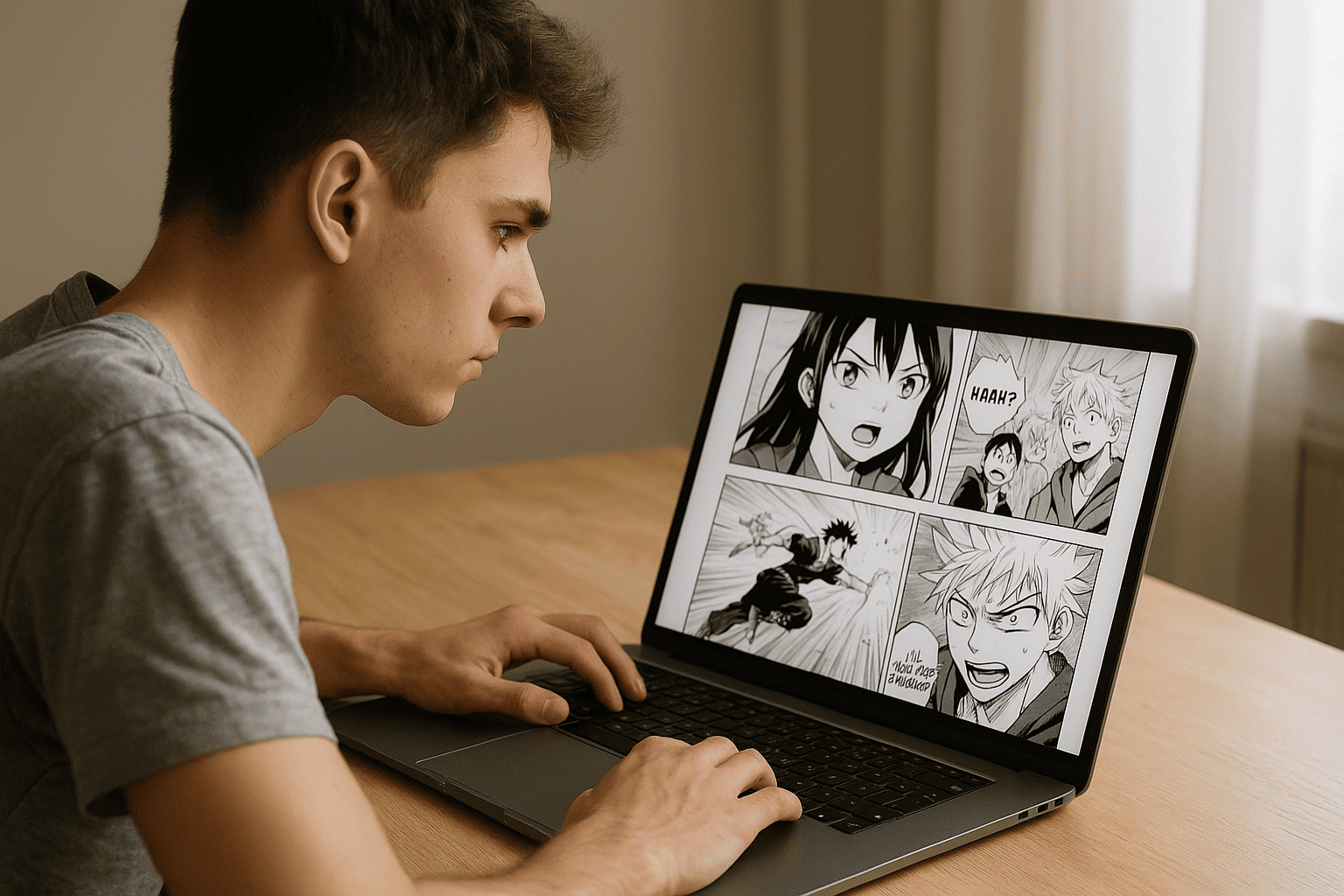 un jeune homme lit un scan manga en ligne sur lelscan