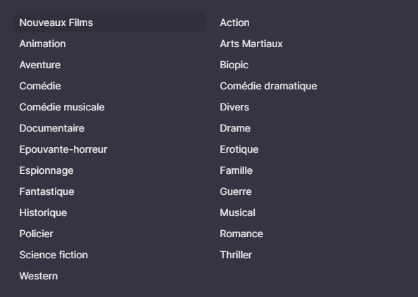 Liste des genres disponibles sur Filmoflix